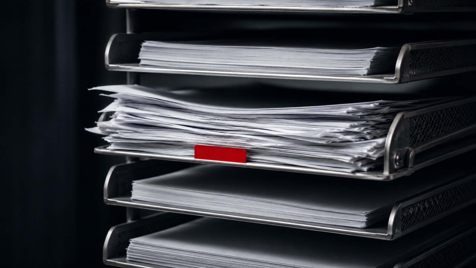 A stack of office document trays with one middle tier overloaded and jammed, work piling up at a single stage of the pipeline