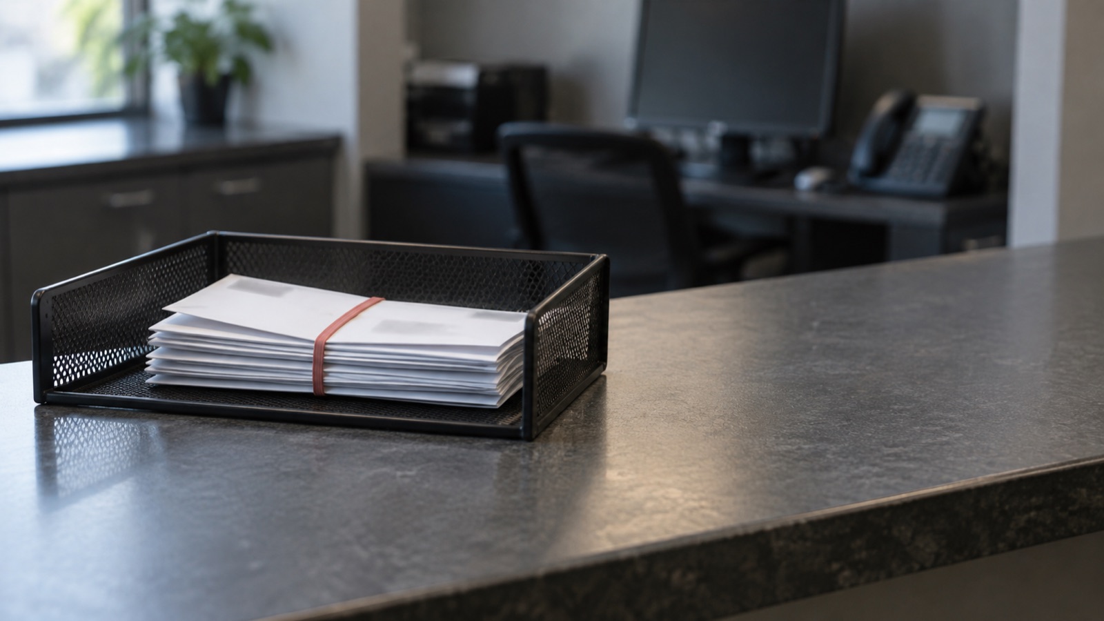 A stack of sealed, unopened insurer envelopes held by a coral rubber band in a black steel mail tray at a medical practice front desk